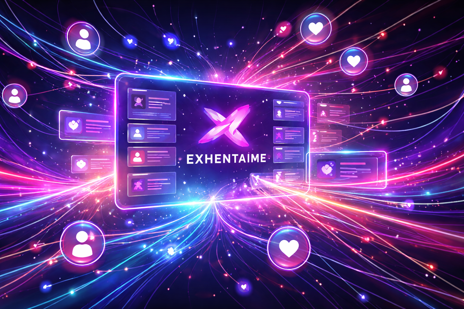 A modern abstract illustration representing the Exhentaime platform interface with connected nodes and flowing data streams.