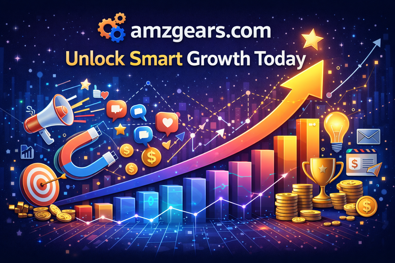amzgears.com Unlock Smart Growth Today - Business growth chart showing upward trend with digital marketing icons and success symbols