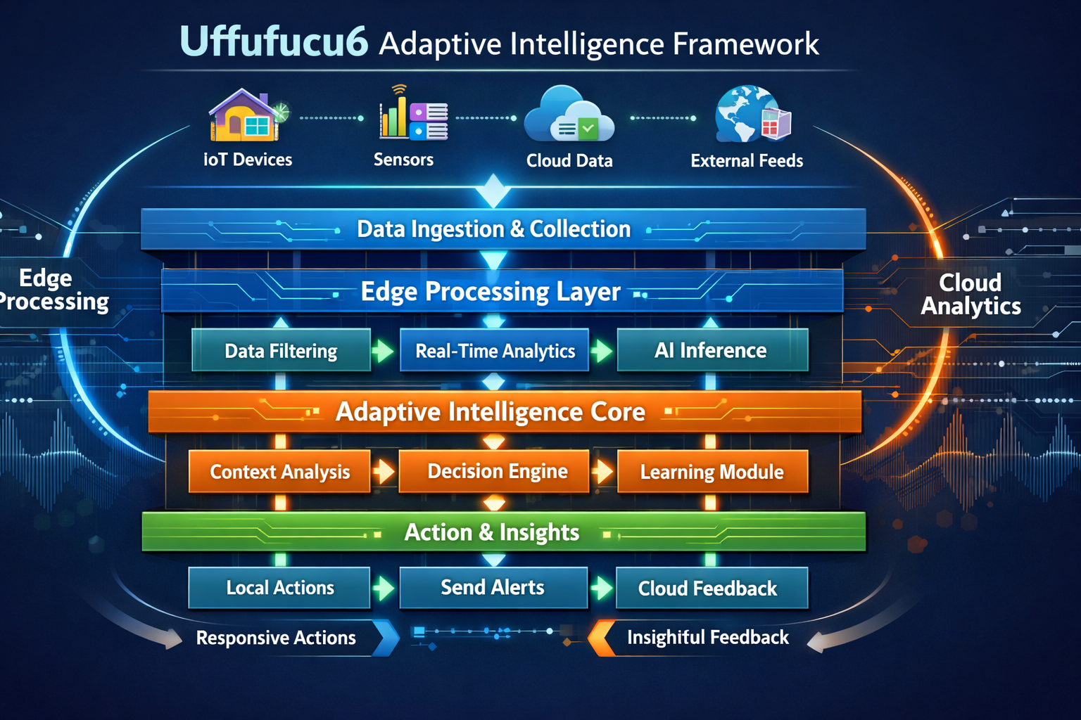 Uffufucu6 adaptive intelligence framework abstract diagram showing data flow and edge processing layers