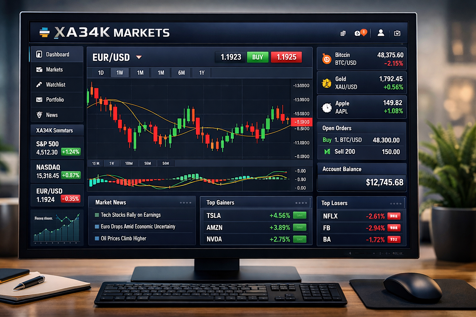 XA34K Markets online trading dashboard on computer screen