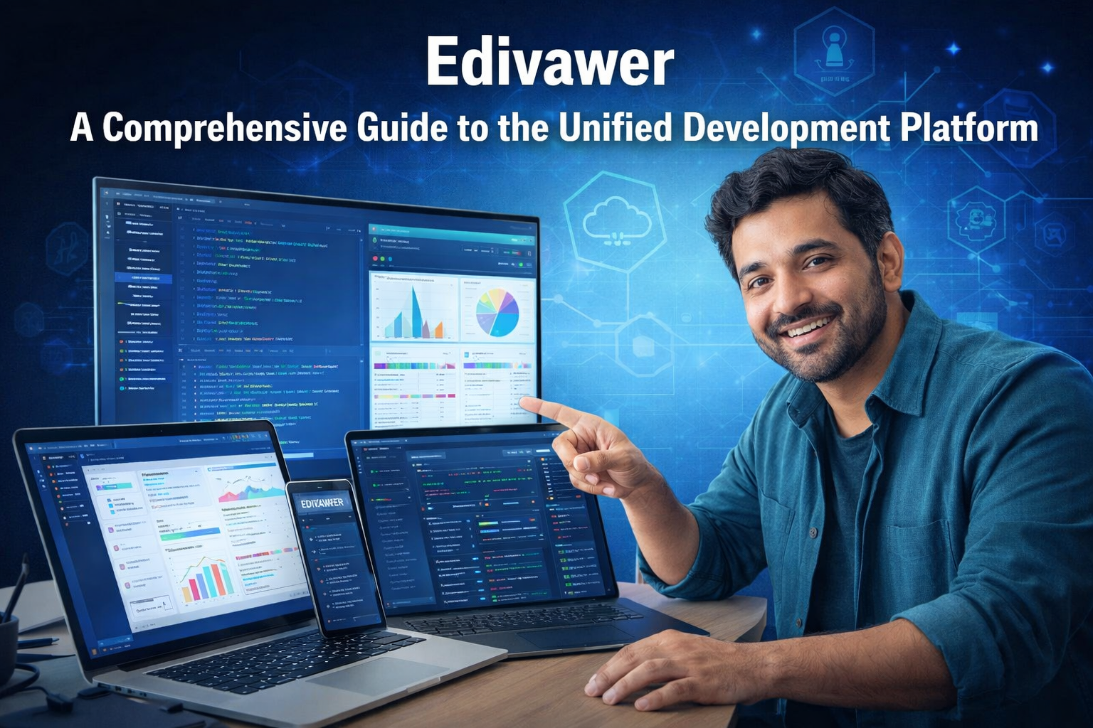 A conceptual illustration of the Edivawer platform connecting various data streams, cloud services, and development tools into a single, unified dashboard.