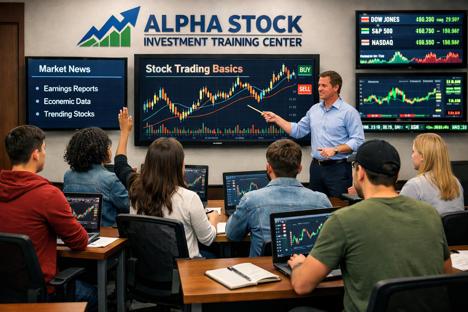 Students learning stock trading basics at Alpha Stock Investment Training Center